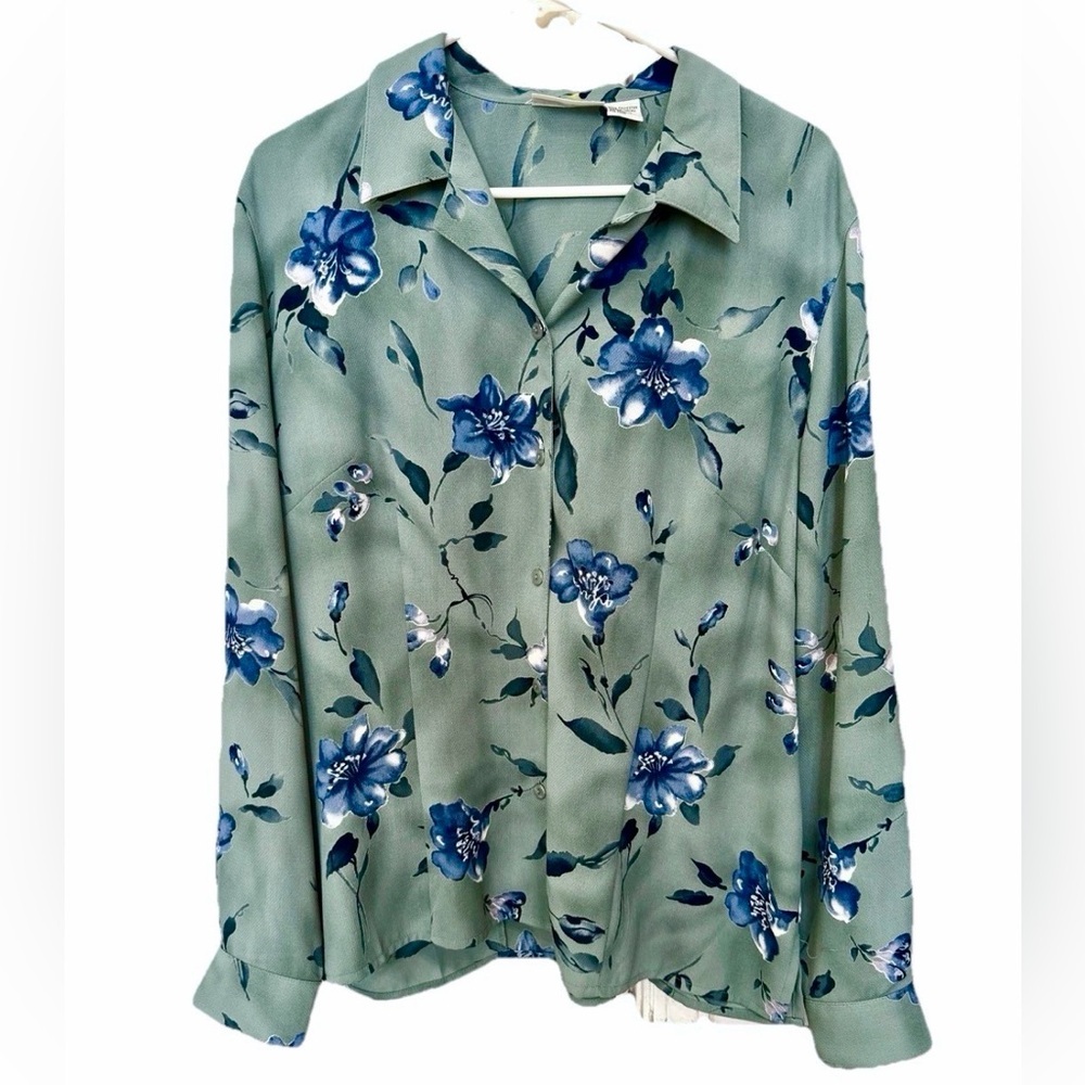 Alfred Dunner Women’s Blouse Size 18 XL Green Printed Button Down Collared Top - Picture 3 of 9